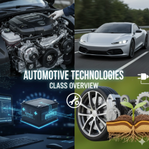 An image of a car, engine, and wheel with text "Automotive Technologies Class Overview"